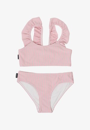 Pink og hvidt vertikalt stribet pige-bikini med flæse skulderstropper og matchende bund, begge med sorte mærkeetiketter.