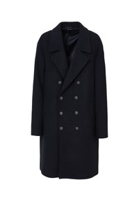 Cappotto doppiopetto blu navy in misto lana, con rever a punta, sei bottoni, tasche laterali e foderato in satin.