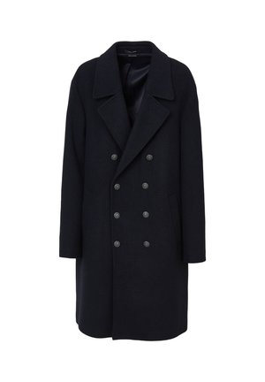 Cappotto doppiopetto blu navy in misto lana, con rever a punta, sei bottoni, tasche laterali e foderato in satin.