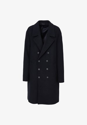 Marineblauer doppelt geknöpfter Mantel aus Wollmischung, mit Reverskragen, sechs Knöpfen, seitlichen Taschen und satiniertem Futter.