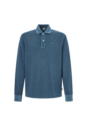 Sügavsinine pikakäiselise polo särk, valmistatud pehmest kangast, millel on kontrastsete äärtega krae ja kaks nuppu kaela juures.