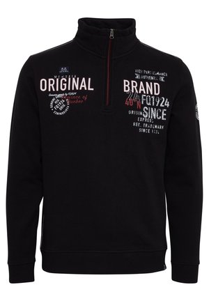 Black zip-up sweatshirt with a high collar. Features white and red printed text and logos, soft texture, and ribbed cuffs and hem.