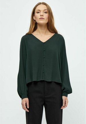 Dark green, V-neck blouse with long sleeves and button front. Made of smooth fabric, featuring a cropped design and soft drape.