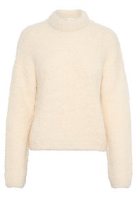 Pull-over crème à col montant, manches longues et coupe ample. Texture douce avec une apparence confortable.