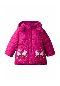 Rosa Puffjacke mit Kapuze, versehen mit weißen Punkten und gestickten Schmetterlingsmotiven auf der Vorderseite, gestepptem Textur und Druckknöpfen.