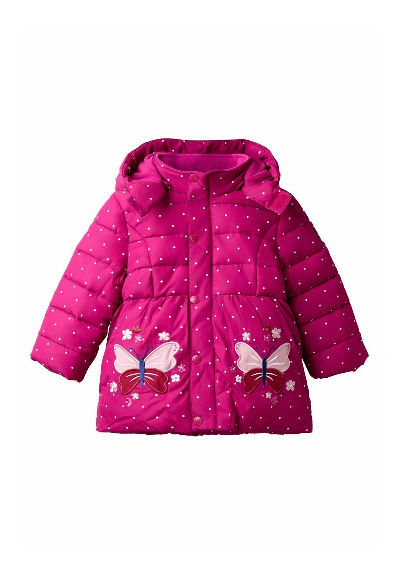 Rosa Puffjacke mit Kapuze, versehen mit weißen Punkten und gestickten Schmetterlingsmotiven auf der Vorderseite, gestepptem Textur und Druckknöpfen.