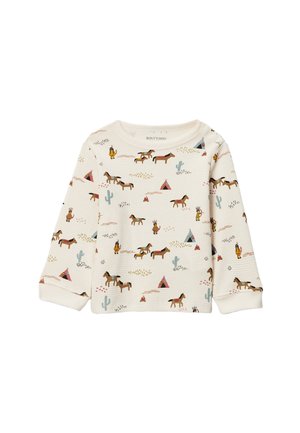T-shirt crème à manches longues pour tout-petit avec imprimé de chevaux marron, petits tipis, cactus et personnages amérindiens en dessin animé.