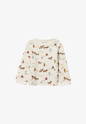 T-shirt crème à manches longues pour tout-petit avec imprimé de chevaux marron, petits tipis, cactus et personnages amérindiens en dessin animé.