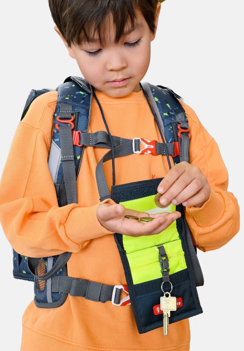 Backpack with gray, black, and green elements. Child in orange sweatshirt holds coins. Wallet with a bright green inside and key attached.