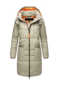 Puffer jas in lichtgrijze nylon, met een capuchon met oranje voering, ritsluiting aan de voorkant en twee grote zijzakken.