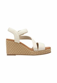 Sandalo wedge bianco in pelle con cinturini incrociati; piattaforma in rafia beige testurizzata; soletta marrone liscia; cinturino alla caviglia regolabile.