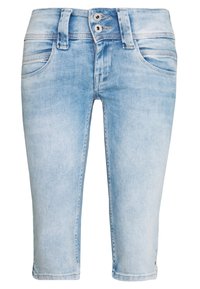 Pantalones capri de mezclilla azul claro con cierre de botones, bolsillos frontales y textura ligeramente desgastada. Cuenta con un corte de pierna recta.