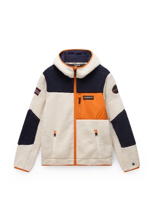 Veste en polaire avec des panneaux crème et marine, des accents orange, un col haut et des poches zippées. Surface texturée et design sportif.