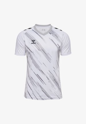 Hvid sports-T-shirt med korte ærmer og V-hals, med grå diagonale striber på forsiden og et sort logo på brystet.