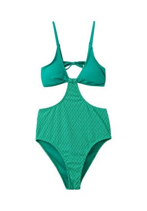 Bañador de una pieza verde azulado con aberturas en los costados, copas en forma de triángulo, lazo trasero y patrón geométrico texturizado en la mitad inferior.