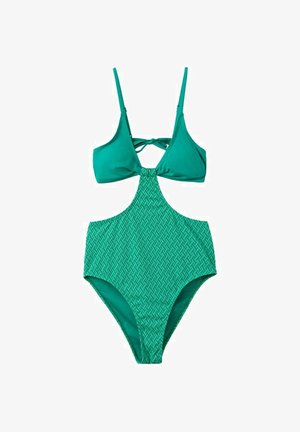 Jednoczęściowy kostium kąpielowy w odcieniu zielonego morskim z wycięciami po bokach, trójkątnymi miseczkami, wiązaniem na plecach oraz fakturowanym geometrycznym wzorem na dolnej części.