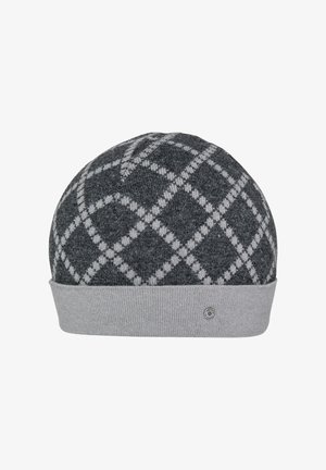 Gray knit beanie with a diamond pattern in dark gray and white. Features a gray folded cuff at the base and a small logo detail.