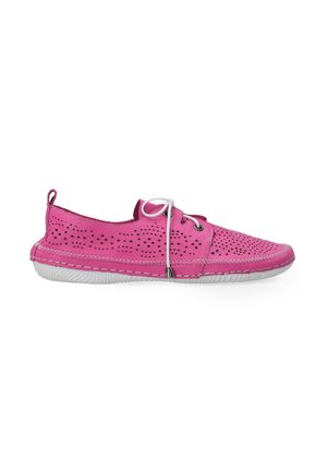 Roze geperforeerde schoenen met een ronde neus, contrasterende witte zool en verstelbare veters. Textiel met gestikte accenten.