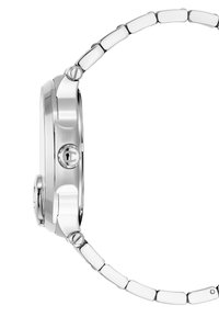 Silver wristwatch with a polished stainless steel case, sleek round shape, and smooth metallic bracelet featuring rectangular links.