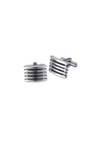 Silver-toned cufflinks featuring a curved, multi-stripe design with a polished finish and a bar closure.
