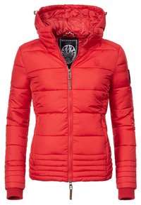 Red padded jacket with a zippered front, hood, and ribbed cuffs. Features a logo detail and patterned lining. Lightweight and insulated design.
