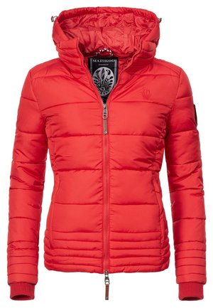 Red padded jacket with a zippered front, hood, and ribbed cuffs. Features a logo detail and patterned lining. Lightweight and insulated design.
