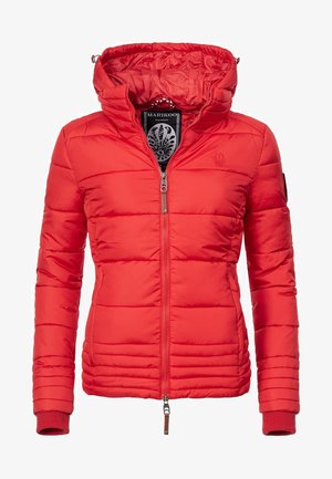 Rote gepolsterte Jacke mit Reißverschluss, Kapuze und gerippten Bündchen. Verfügt über ein Logodetail und ein gemustertes Futter. Leicht und isoliert im Design.