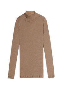 Pull à col roulé beige à côtes avec des manches longues, présentant un col haut et une surface texturée. Pas de fermetures ni de motifs visibles.