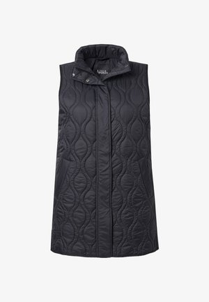 Mustat tilkkutakkivesti, jossa on korkea kaulus, etupainonappikiinnitys, kaksi sivutaskua ja aaltoileva kuviointi koko vestsin pinnalla.