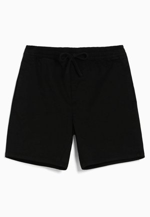 Schwarze legere Shorts mit elastischem Bund und Kordelzug, Vorder- und Seitentaschen, flach auf weißem Hintergrund ausgelegt.