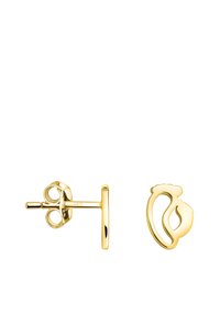 Goldfarbene Ohrstecker mit einem kreisförmigen Beitrag und einem welligen, blattförmigen Akzent. Glatte Metalloberfläche, minimalistisches Design und leichtes Gewicht.