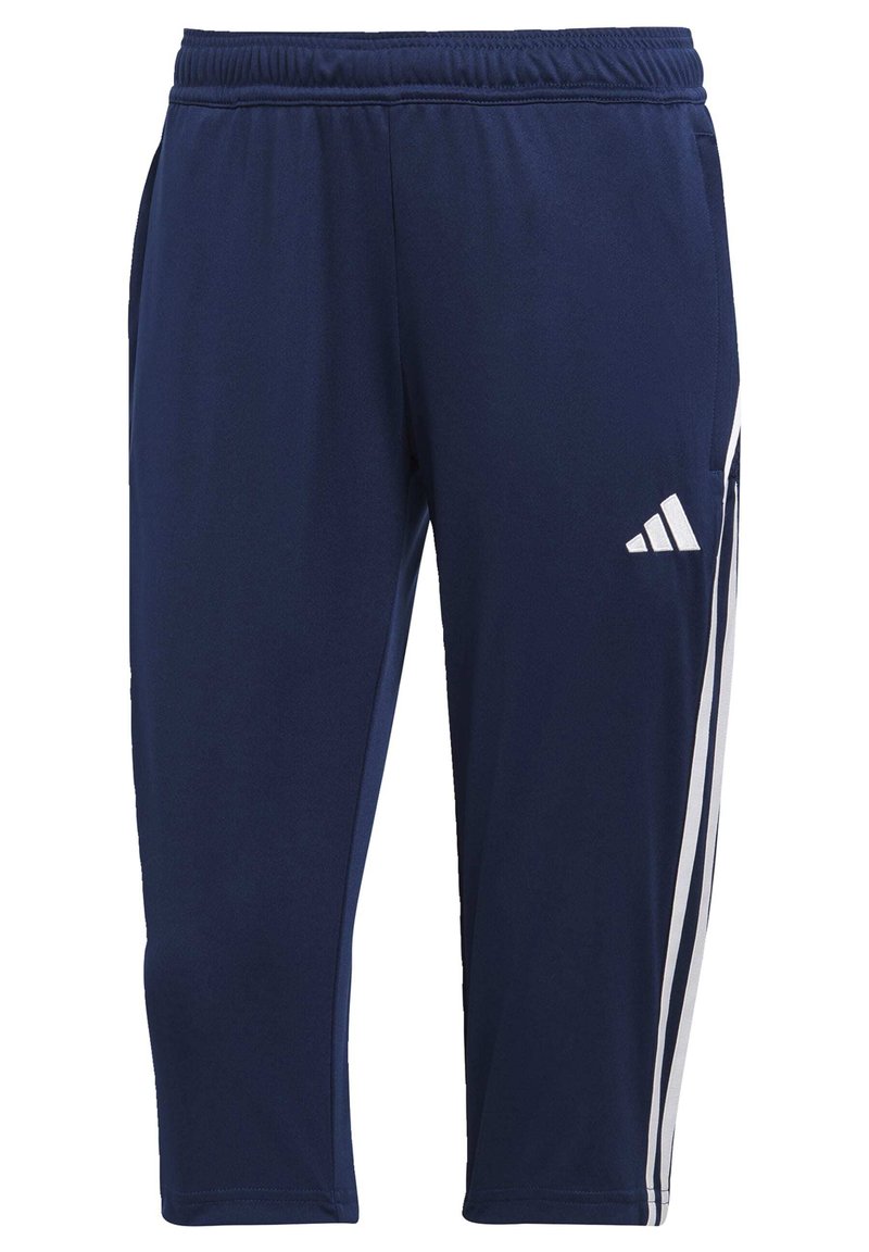 Pantalons de sport bleu marine en tissu lisse, dotés d'une taille élastique, de poches latérales et de bandes verticales blanches avec un logo Adidas.