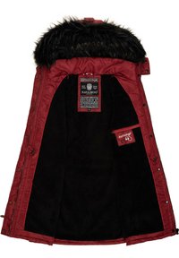 Red insulated parka with a black faux fur-lined hood, black fleece interior, and inner pocket. Labels visible on the lining.