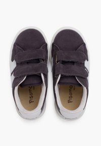 Dark purple suede shoes with white accents, featuring two Velcro straps, round toe, padded collar, and a light gray rubber sole.