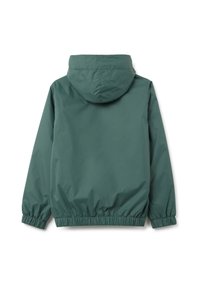 Grüne wasserdichte Jacke mit Kapuze. Verfügt über elastische Bündchen und einen Gummizug, hat eine glatte Textur und ein minimalistisches Design.