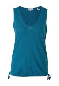 Haut sans manches turquoise avec un décolleté en V profond, fabriqué en tissu rayé. Comprend des liens ajustables à l'ourlet pour ajuster la coupe.