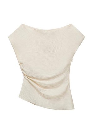 Top color crema con una superficie texturizzata a coste, caratterizzato da un design asimmetrico e ampie spalle drappate.
