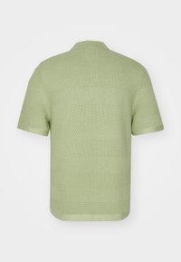 Koszulka polo z krótkim rękawem w jasnym zielonym kolorze, z teksturowanymi paskami i klasycznym kołnierzykiem. Dzianinowy materiał o luźnym kroju.