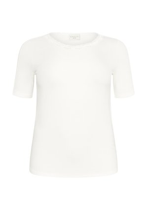 White short-sleeve t-shirt with a round neckline, lace trim around the collar, soft texture, and slim fit design.