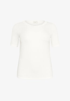 White short-sleeve t-shirt with a round neckline, lace trim around the collar, soft texture, and slim fit design.