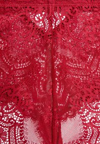 Lencería de encaje rojo con intrincados patrones florales, textura transparente y bordes en forma de concha. El diseño incluye un detalle de costura central.