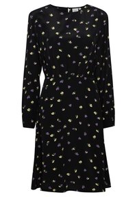 Robe noire à manches longues, ornée d'un motif floral en violet, jaune et vert. Fabriquée en tissu léger avec une taille cintrée.
