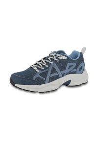 Blue athletic shoe made of denim-textured fabric, featuring white laces, rubber sole, and a prominent logo on the side.