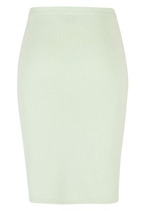 Jupe crayon en tricot de couleur vert menthe clair avec une texture à côtes verticales, forme ajustée et ceinture lisse. Idéale pour une tenue décontractée ou formelle.