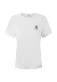 White short-sleeve t-shirt made from cotton, featuring a small green and blue "Respect the Wild" logo on the left chest.