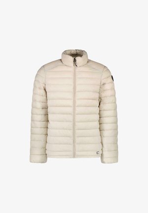 Lichtbeige pufferjack met horizontale stiksels, hoge kraag, ritssluiting aan de voorkant en een zwart logo-opdruk op de linkermouw.