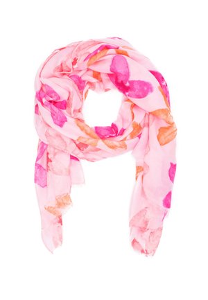 Scialle rosa realizzato in tessuto leggero, con grandi motivi floreali astratti nelle tonalità di rosa e arancione, rifinito con una bordatura frangiata.