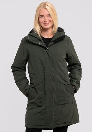 Warme Parkajacke in Dunkelgrün, mit Reißverschluss, verstellbarem Kapuze und zwei Vordertaschen mit Klappen. Glattes, wasserabweisendes Material.