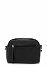 Black leather crossbody bag with a rounded shape, textured surface, front zip pocket, and detachable strap. Features a tassel accent.
