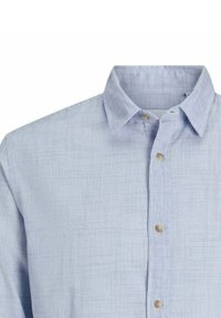Camicia azzurro chiaro con tessuto testurizzato. Presenta un colletto classico e bottoni beige, visibili lungo la patta.